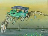 un tableau représentant une vieille voiture survolant un plan d'eau
