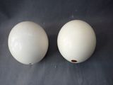 two white eggs sitting on top of a table next to each other