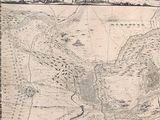 an old map of a city with a river and mountains in the background