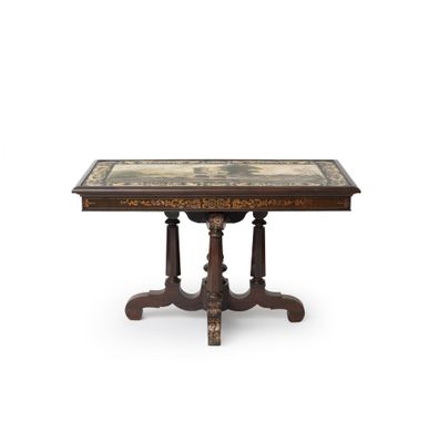 une image d'une table avec un plateau en marbre sur un fond blanc