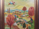 une peinture à l'huile représentant un oiseau survolant un village rural
