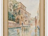 a watercolor painting of a canal with a building in the background