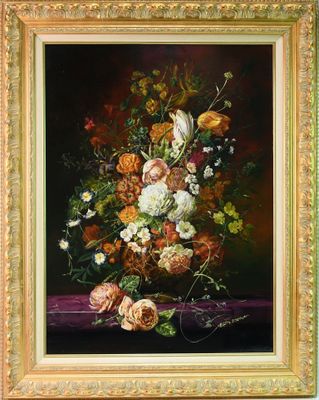 painting of a vase of flowers on a table with a purple cloth