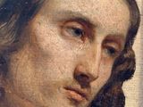 un vieux tableau représentant un homme aux cheveux longs, vêtu d'une chemise blanche