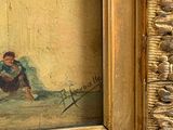 painting of a boy sitting on the ground in front of a wall