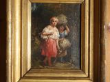 un vieux tableau représentant une femme et un enfant dans un décor boisé