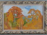 an oil painting of a landscape with trees in the foreground