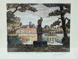 a picture of a painting of a castle by the water