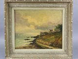 un tableau représentant un paysage avec une maison au bord de l'eau