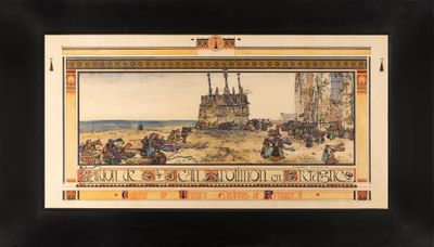 une peinture représentant une peinture montrant des personnes sur une plage, avec un château en arrière-plan