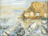un tableau représentant des bateaux sur l'eau, près du rivage