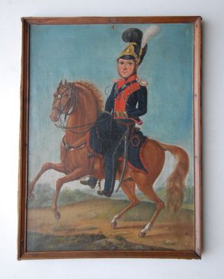 painting of a man in uniform riding a horse in a field
