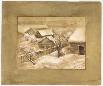 une vieille photo d'une ferme sous la neige, avec une grange en arrière-plan