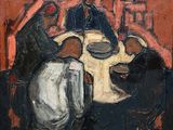 painting of a group of people sitting around a table with plates on it