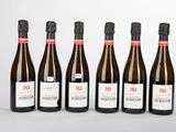 six bouteilles de vin sont alignées dans une rangée