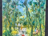 an oil painting of a group of people riding horses through a lush green forest