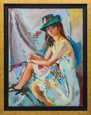 an oil painting of a woman in a green hat sitting on a chair