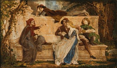 an image of a painting of a group of people sitting on a stone wall