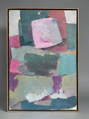 a painting of a colorful abstract painting in a wooden frame