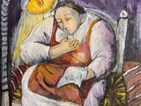 une peinture à l'huile représentant une femme assise sur une chaise, tenant un bébé dans ses bras