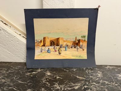 une image représentant un tableau représentant une scène de village, posé sur une table