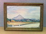 une peinture à l'huile d'un paysage avec une montagne en arrière-plan