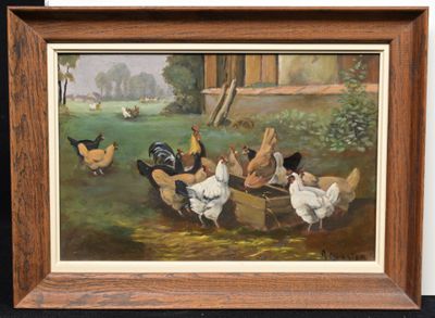 tableau représentant un groupe de poulets dans un champ, avec une grange en arrière-plan