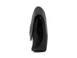 the small black purse is open on a white surface