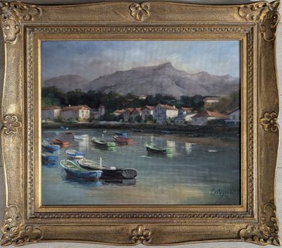 an oil painting of boats in a harbor with a mountain in the background