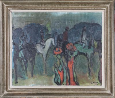 painting of a group of people with horses in a field
