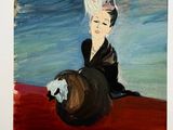 a painting of a woman sitting on a red surface