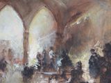 painting of a large group of people standing in a church
