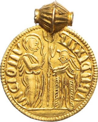 a gold coin with an image of a man and woman on it