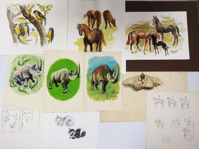 many different pictures of animals on the table