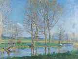 tableau représentant une rivière avec des arbres au premier plan et un bateau sur l'eau