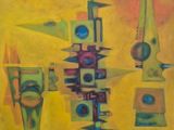 peinture représentant des formes abstraites sur un fond jaune, avec un ciel rouge en arrière-plan