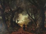 un tableau représentant deux personnes marchant sur un sentier dans les bois