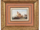 une peinture de bateaux dans un port avec des bâtiments à l'arrière-plan