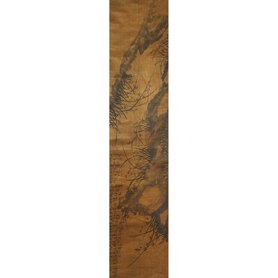 an oriental scroll with a painting of trees and birds on it