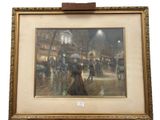 painting of a street scene with people walking in the rain at night