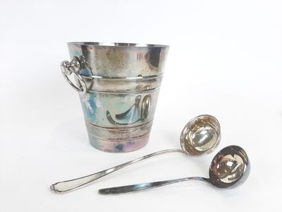 a silver bucket with spoons and a spoon in it