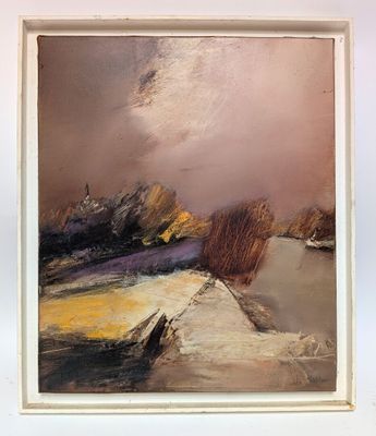 an oil painting of a landscape in a white frame on a wall
