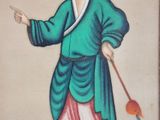 painting of a man in a blue robe holding a stick and pointing at something