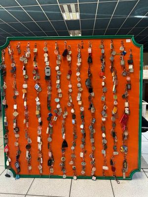 une exposition présentant de nombreux types de boucles d'oreilles accrochées au mur