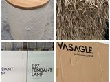several pictures of various items that include a lamp, a box, and hay