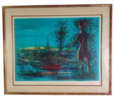 painting of a woman in a boat on a body of water with trees in the background