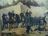 a painting of a group of men on horses in a field
