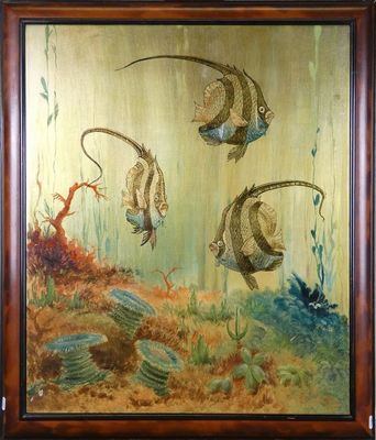 tableau représentant un groupe de poissons nageant dans l'océan au milieu des coraux