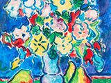 a painting of a vase with flowers and fruit on a table