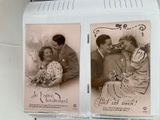two pictures of a man and a woman sitting on a couch